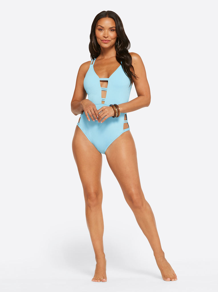 Textured Solids Plunge One Piece in Sky
