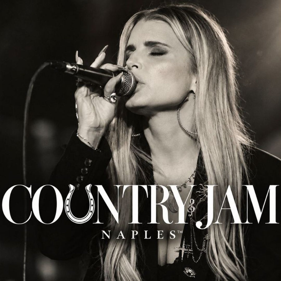 Image of Jessica Simpson signing on stage with text: Country Jam Naples