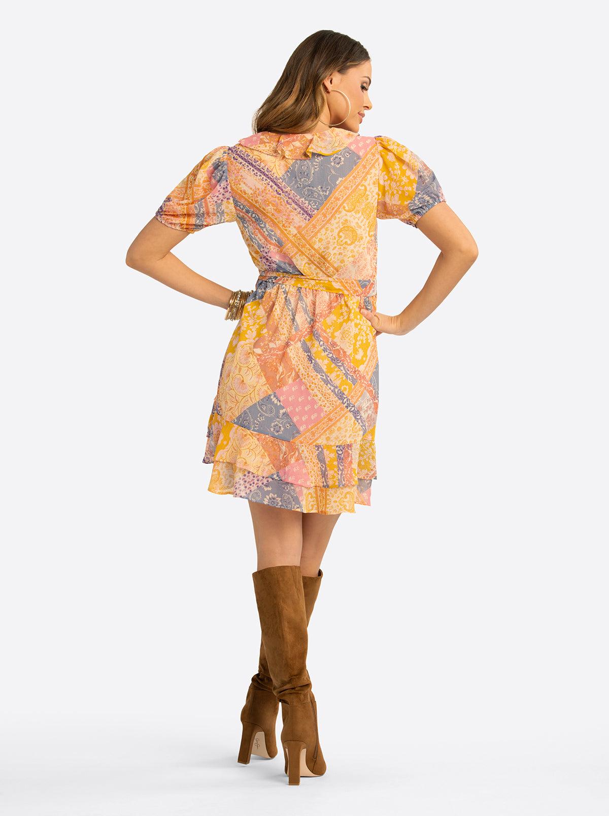 JS Jessica Simpson Yasmin Ruffle Wrap Dress in Multi Celestial Patchwo JS Jessica Simpson Yasmin Ruffle Wrap Dress in Multi Celestial Patchwo