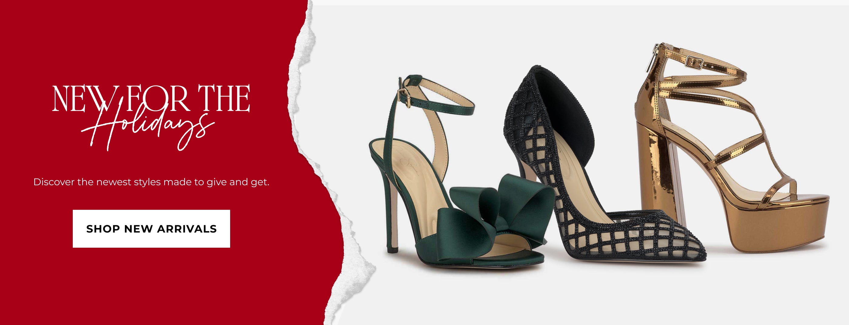 High-heeled shoes with decorative elements on a white background, featuring text about new holiday styles.Shop New Arrivals.