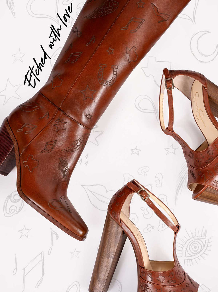 Etched with love. editorial of a boot and platform shoes