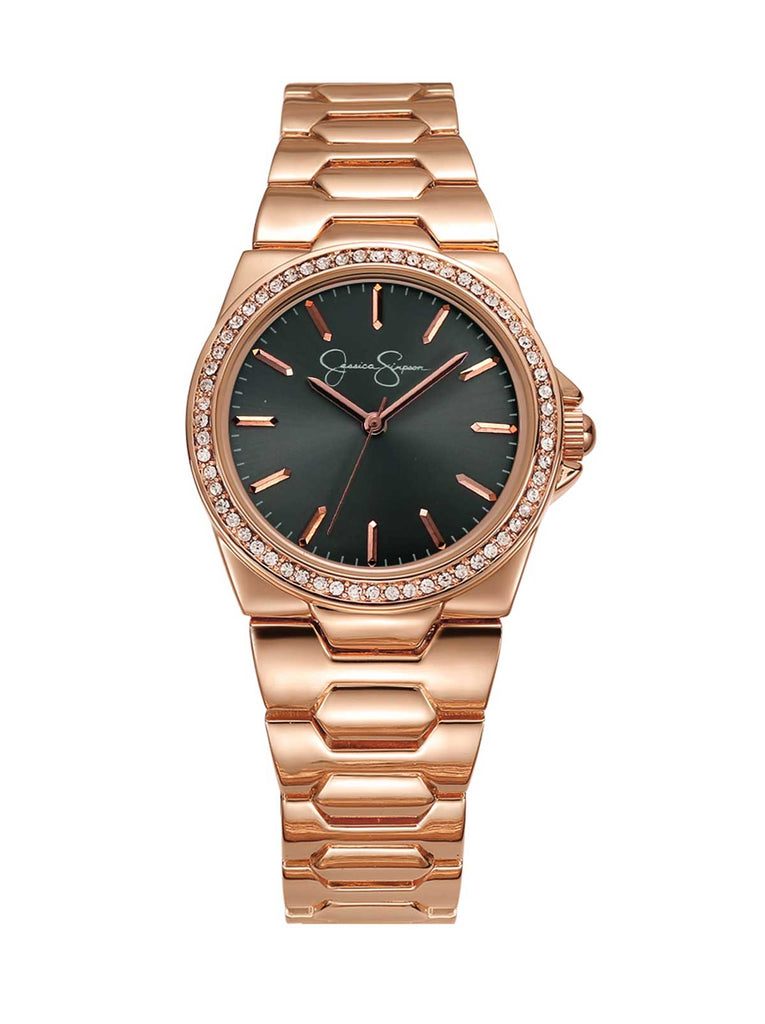 Crystal Bezel Bracelet Watch in Rose Gold Tone