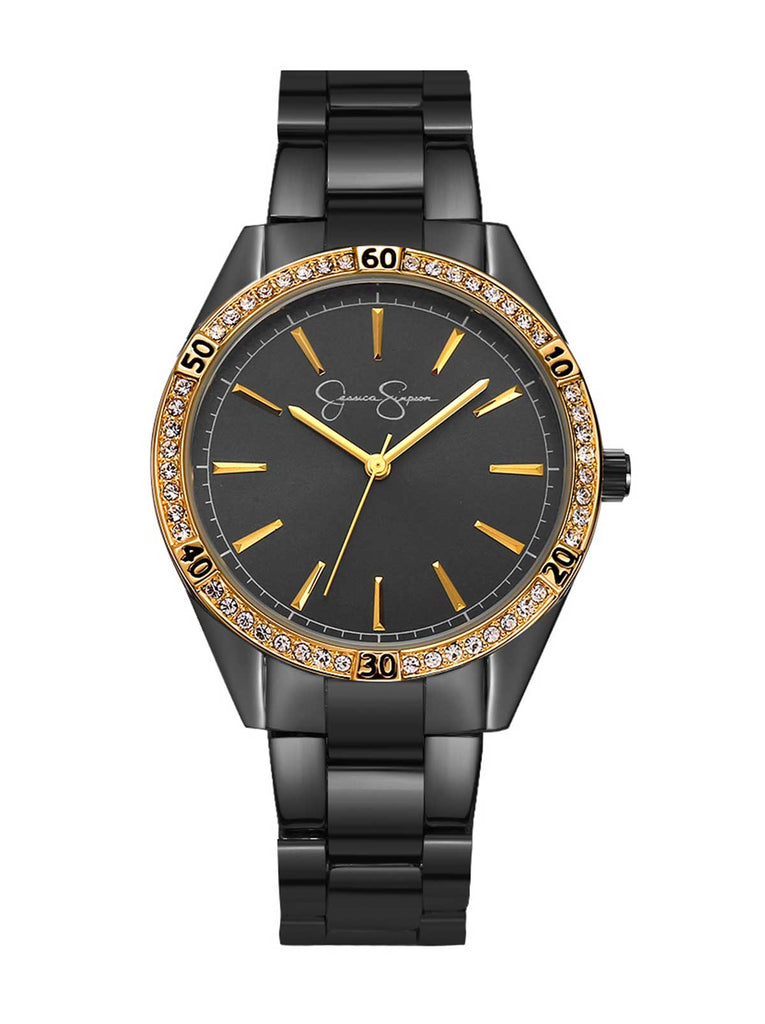 Gold Crystal Bezel Bracelet Watch in Gunmetal Tone