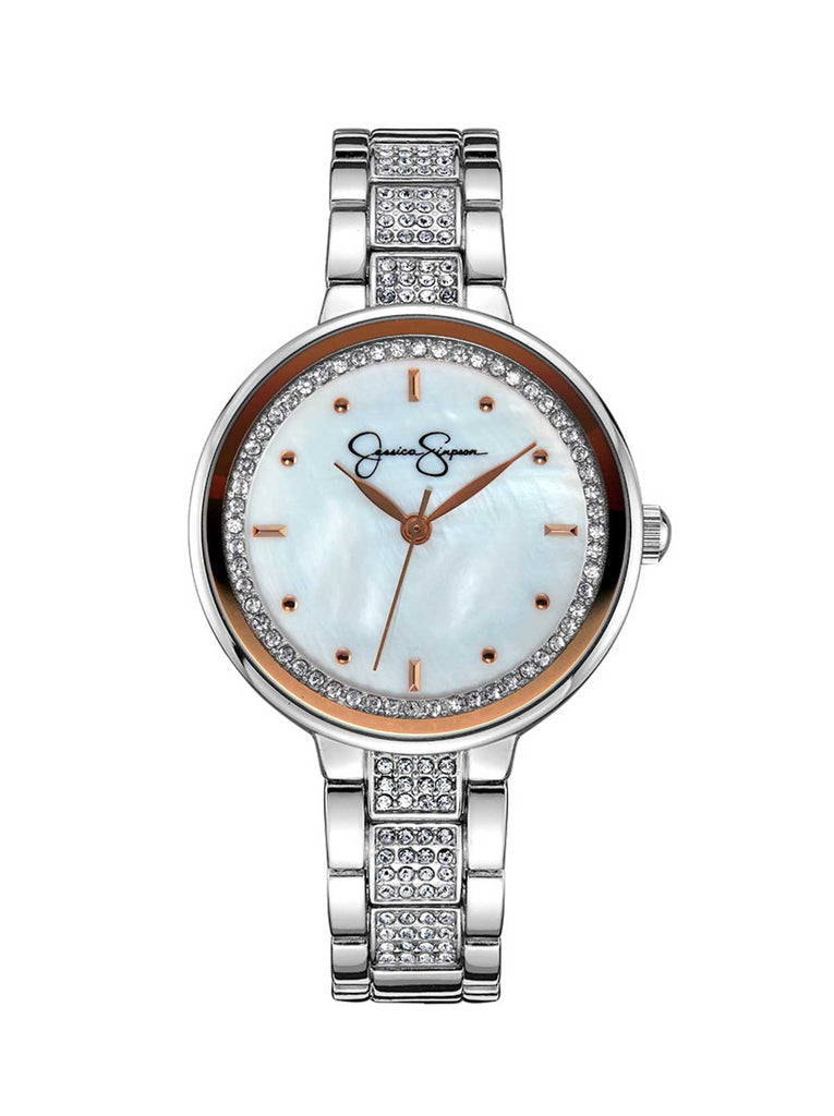 Crystal & Genuine Mother Of Pearl Dial Watch in Silver Tone