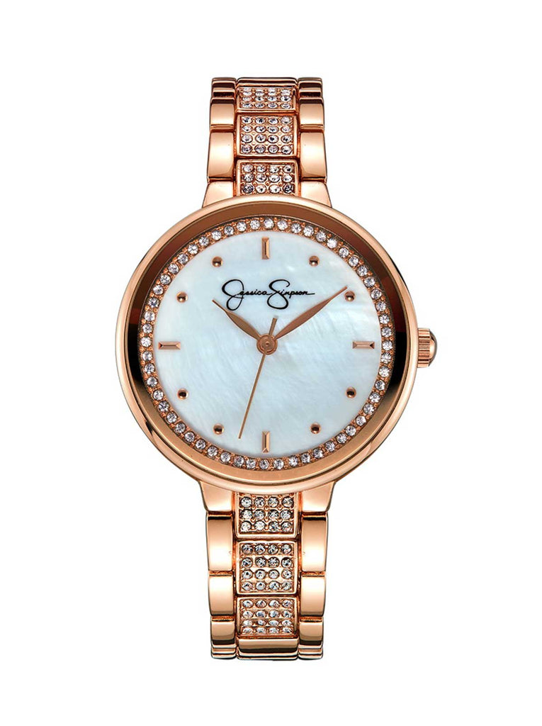 Crystal & Genuine Mother Of Pearl Dial Watch in Rose Gold Tone