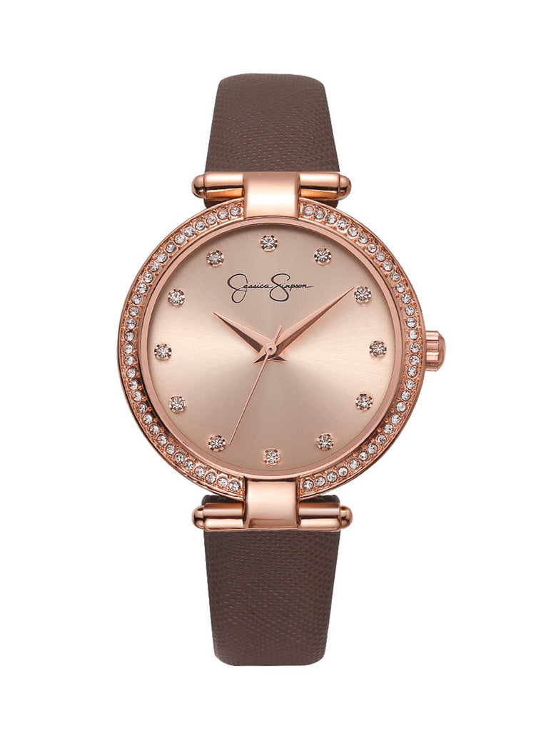 Crystal Bezel Brown Strap Watch in Rose Gold Tone