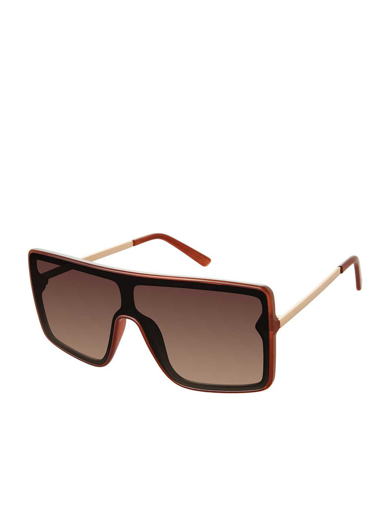 Square Shield Metal Temple Sunglasses in Brown