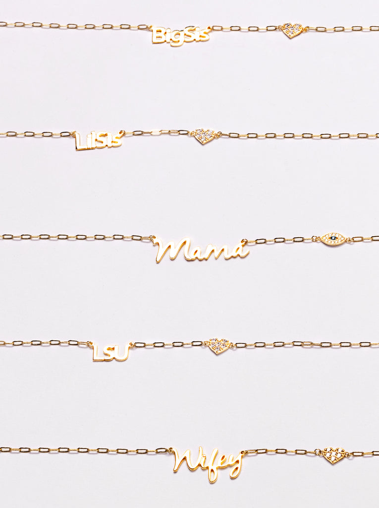 Personalized Necklace with Pavé Cubic Zirconia Charm - Gold