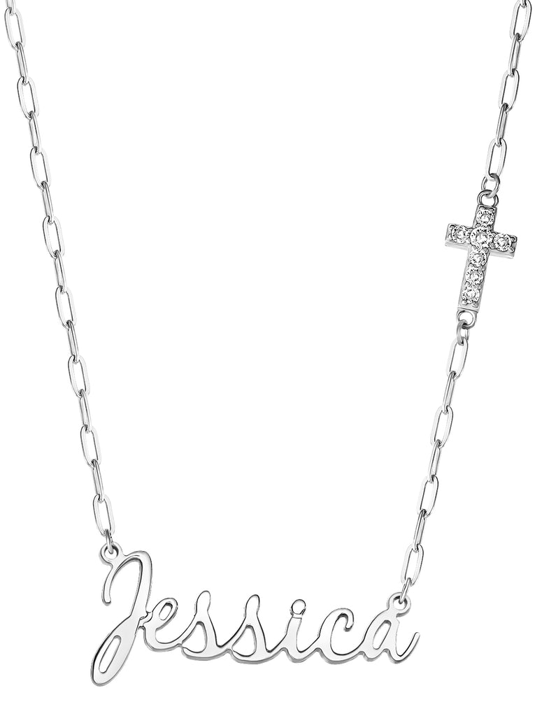 Personalized Necklace with Pavé Cubic Zirconia Charm - Silver